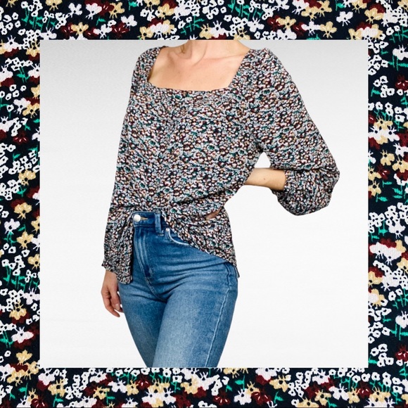 Ann Taylor | Floral Square Neck Long Sleeve Boho Chic Peasant Prairie Blouse - Picture 1 of 10
